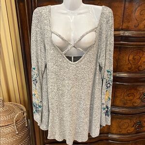 Poof! Heather Gray Floral Embroidered Blouse